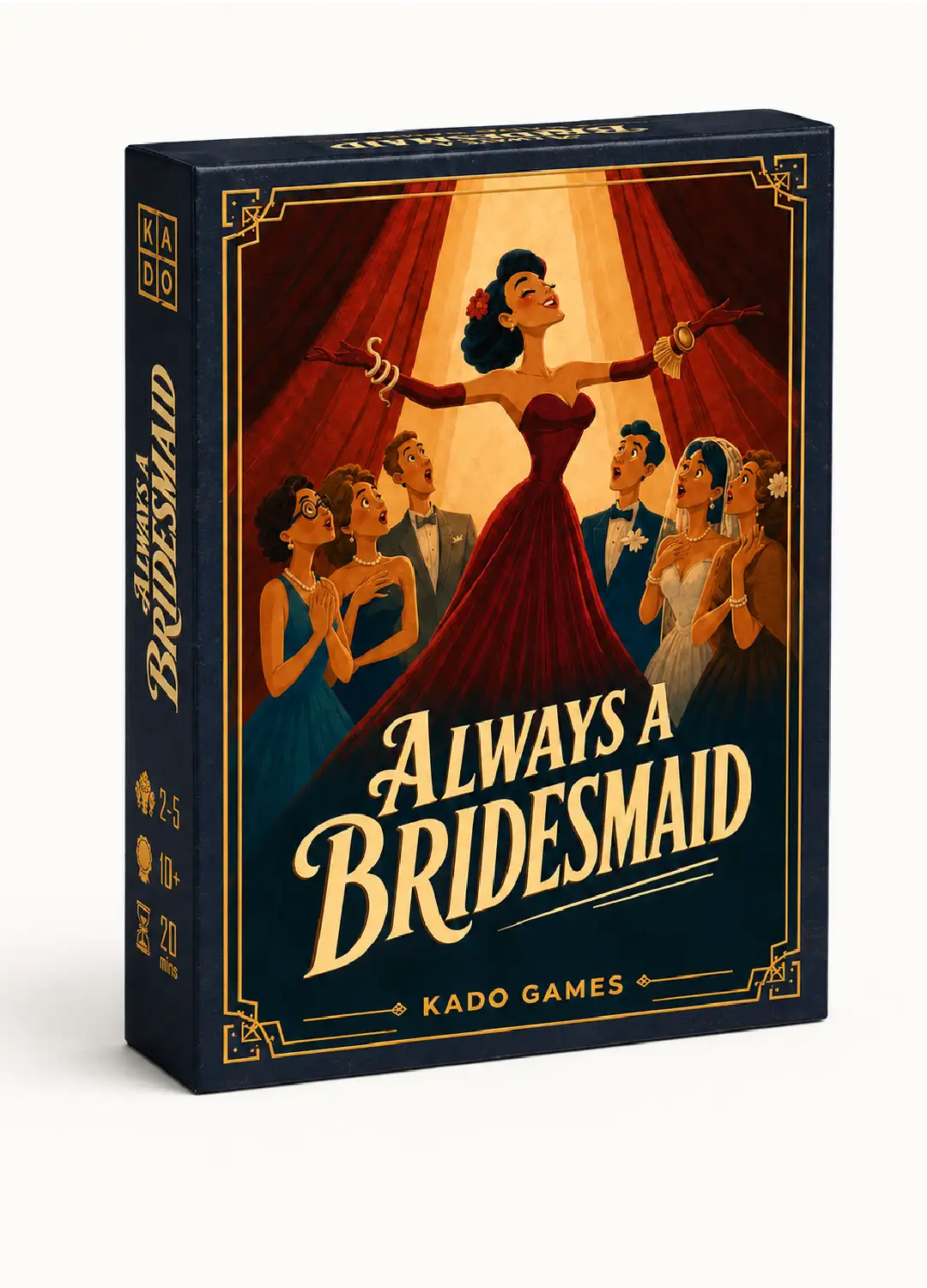 Always a Bridesmaid game box with navy, gold, and theater-style wedding artwork