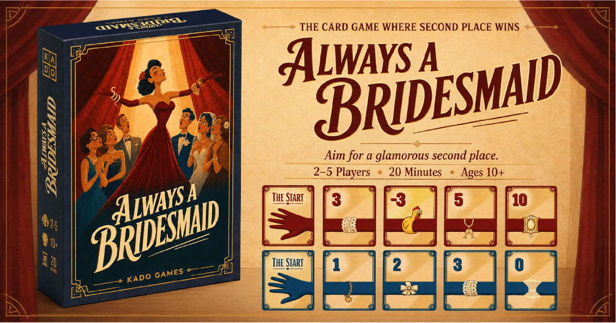 Always a Bridesmaid promotional overview with box, title treatment, and sample cards