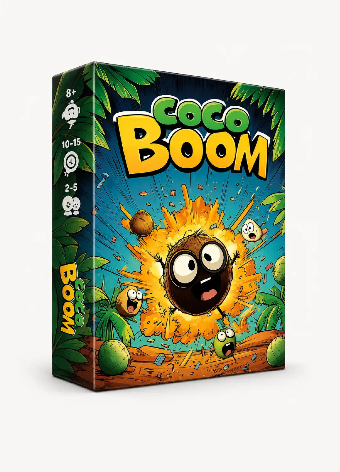 Coco Boom game box with coconut and bomb-themed party artwork