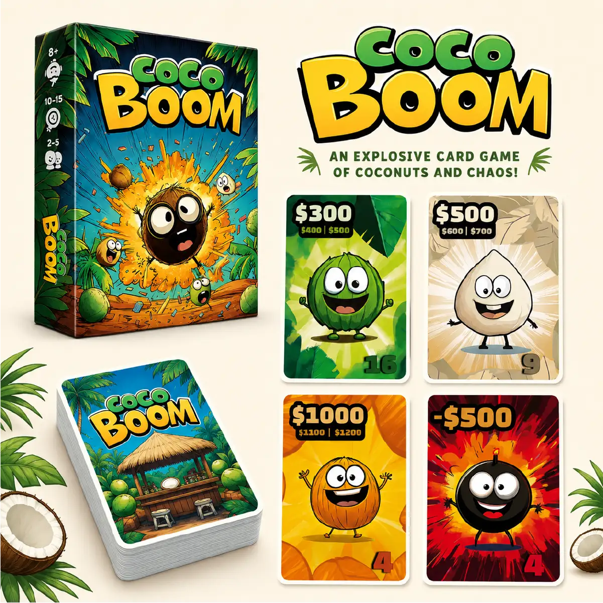Coco Boom cards and components arranged for a product overview