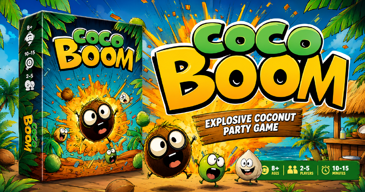 Coco Boom promotional overview with box, title treatment, and sample cards
